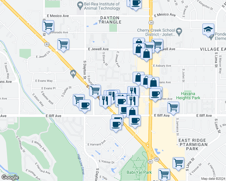 map of restaurants, bars, coffee shops, grocery stores, and more near 2143 South Fulton Circle in Aurora