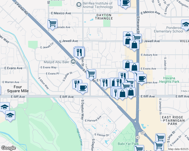 map of restaurants, bars, coffee shops, grocery stores, and more near 2073 South Dayton Court in Denver