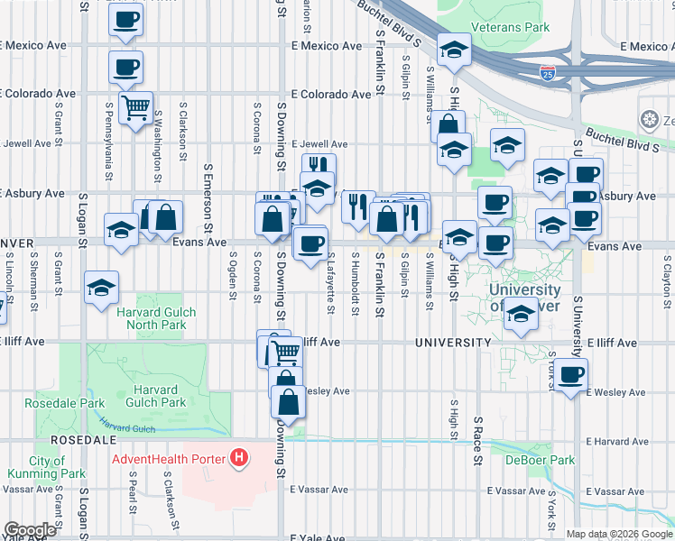 map of restaurants, bars, coffee shops, grocery stores, and more near 2129 South Lafayette Street in Denver
