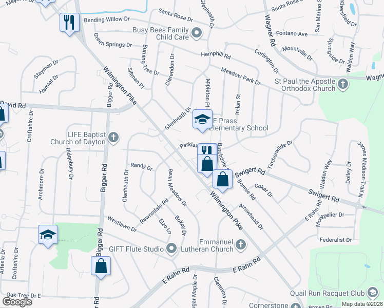 map of restaurants, bars, coffee shops, grocery stores, and more near 2600 Parklawn Drive in Dayton