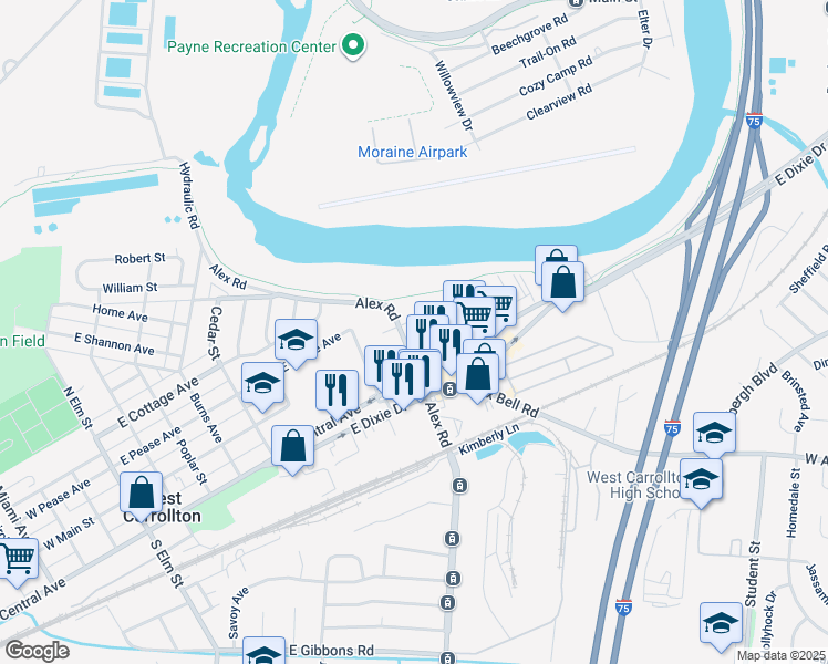 map of restaurants, bars, coffee shops, grocery stores, and more near 210 North Alex Road in Dayton