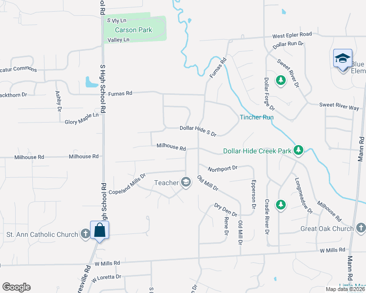 map of restaurants, bars, coffee shops, grocery stores, and more near 5744 Milhouse Road in Indianapolis