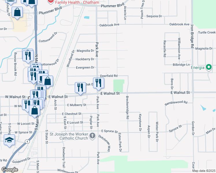 map of restaurants, bars, coffee shops, grocery stores, and more near 824 Deerfield Road in Chatham