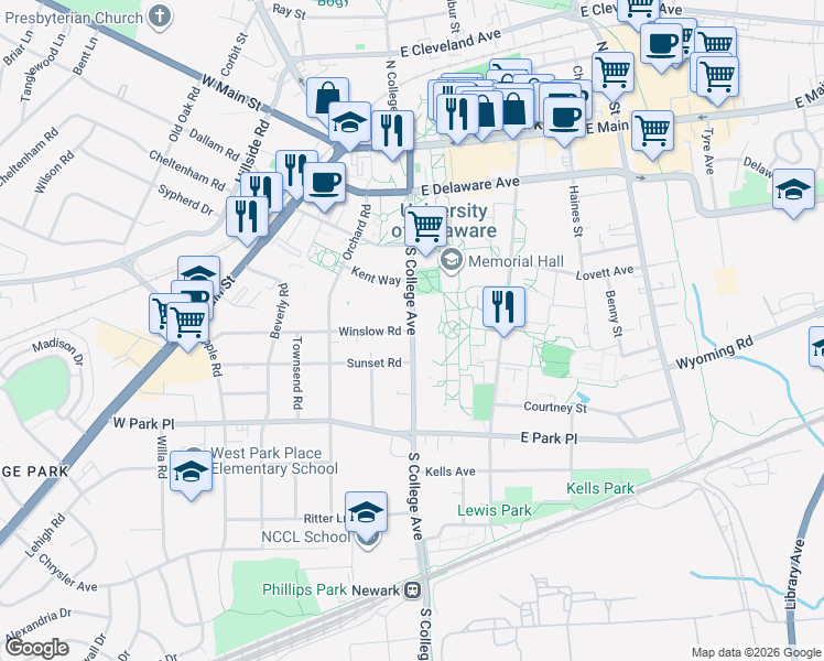 map of restaurants, bars, coffee shops, grocery stores, and more near 181 South College Avenue in Newark