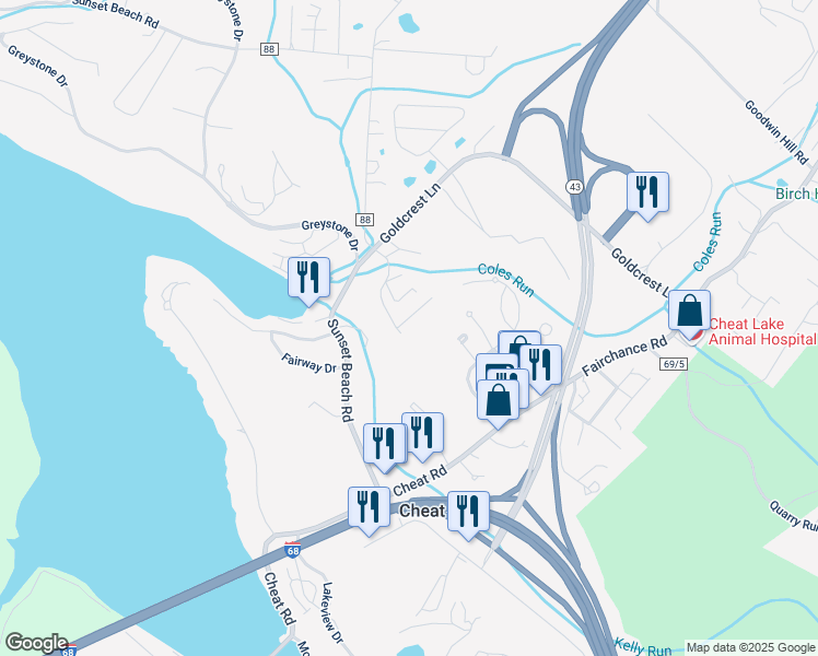 map of restaurants, bars, coffee shops, grocery stores, and more near 594 Beaumont Dr in Morgantown