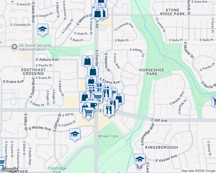 map of restaurants, bars, coffee shops, grocery stores, and more near 2091 South Hannibal Way in Aurora