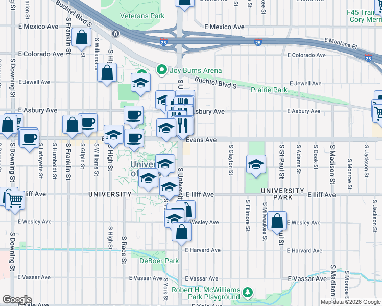 map of restaurants, bars, coffee shops, grocery stores, and more near 2101 South Josephine Street in Denver