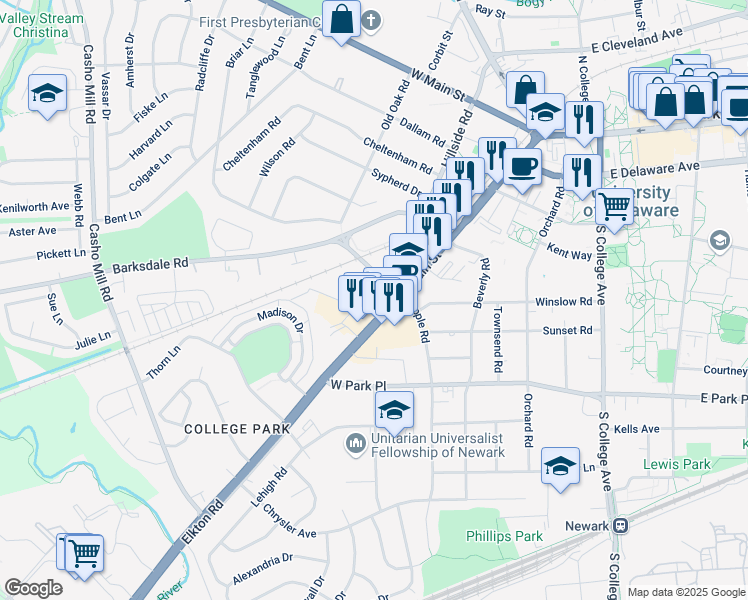 map of restaurants, bars, coffee shops, grocery stores, and more near 220 South Main Street in Newark
