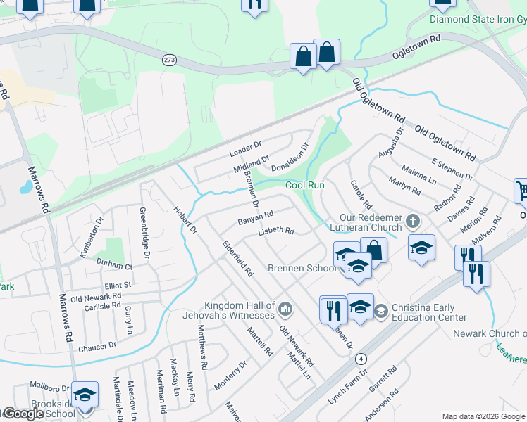 map of restaurants, bars, coffee shops, grocery stores, and more near 606 Shue Drive in Newark