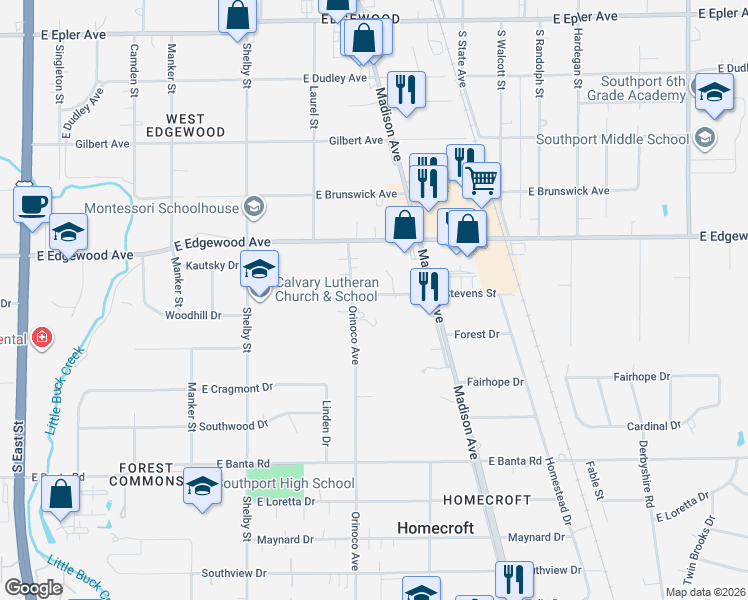 map of restaurants, bars, coffee shops, grocery stores, and more near 6045 Orinoco Avenue in Indianapolis
