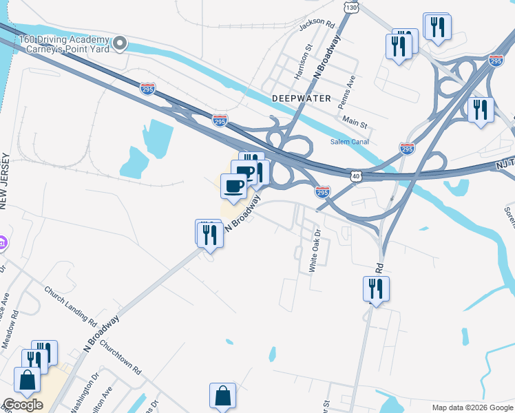 map of restaurants, bars, coffee shops, grocery stores, and more near 430 North Broadway in Salem County
