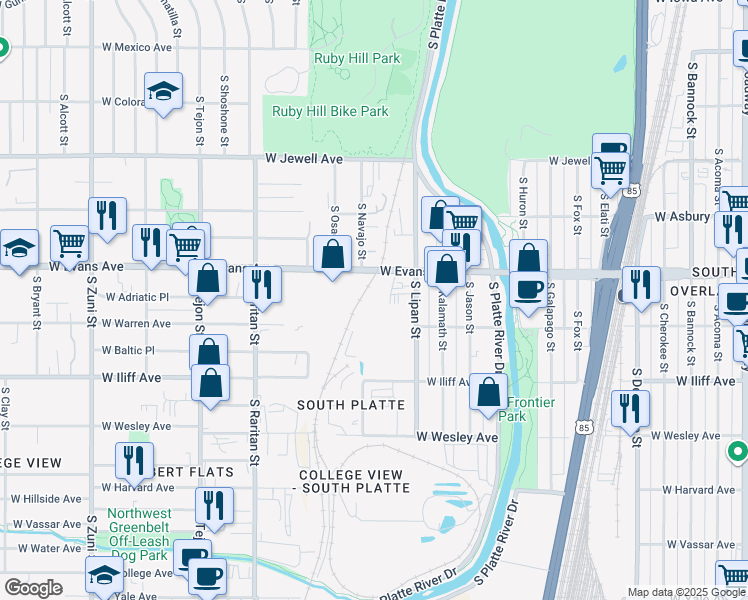 map of restaurants, bars, coffee shops, grocery stores, and more near 1310 West Evans Avenue in Denver