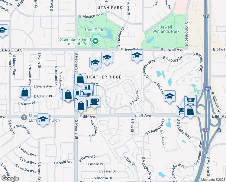 map of restaurants, bars, coffee shops, grocery stores, and more near 12525 East Pacific Circle in Aurora