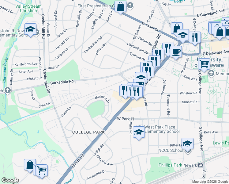 map of restaurants, bars, coffee shops, grocery stores, and more near 201 Veterans Drive in Newark