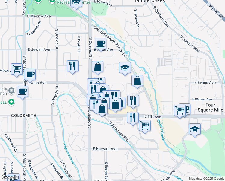 map of restaurants, bars, coffee shops, grocery stores, and more near 7515 East Warren Drive in Denver
