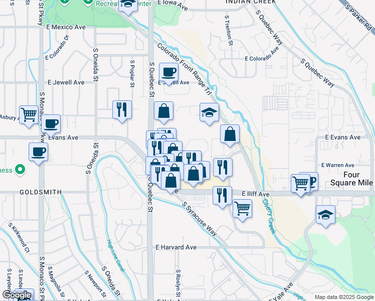 map of restaurants, bars, coffee shops, grocery stores, and more near 7515 East Warren Drive in Denver