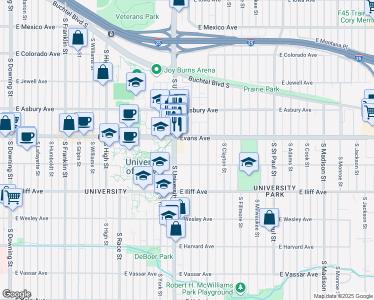 map of restaurants, bars, coffee shops, grocery stores, and more near 2101 South Josephine Street in Denver