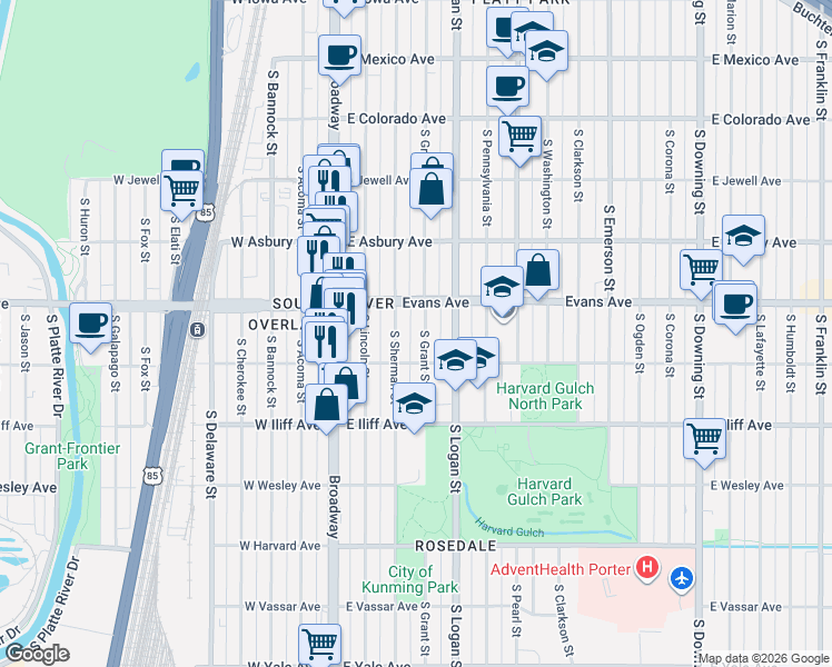 map of restaurants, bars, coffee shops, grocery stores, and more near 2122 South Sherman Street in Denver