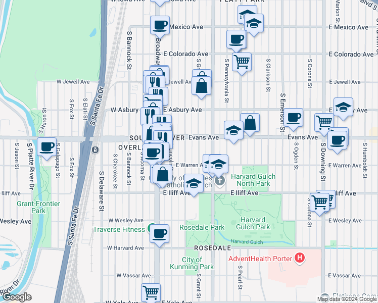 map of restaurants, bars, coffee shops, grocery stores, and more near 2122 South Sherman Street in Denver