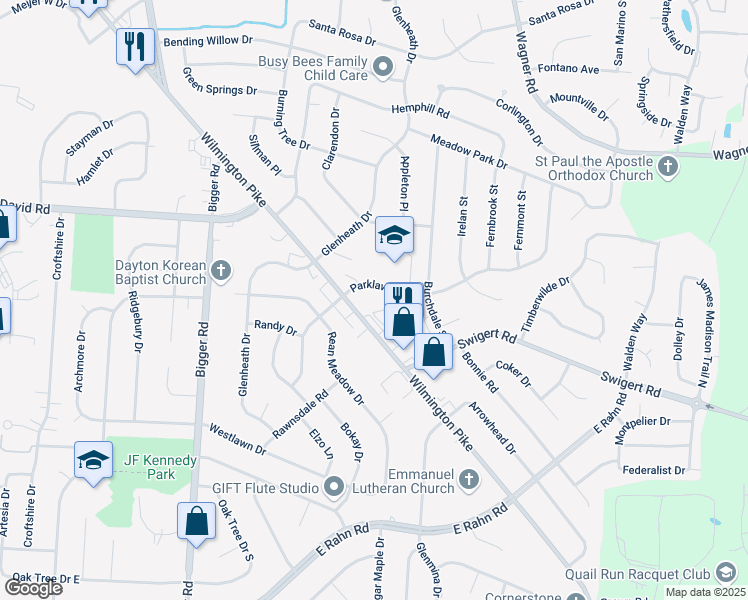 map of restaurants, bars, coffee shops, grocery stores, and more near 2600 Parklawn Drive in Dayton