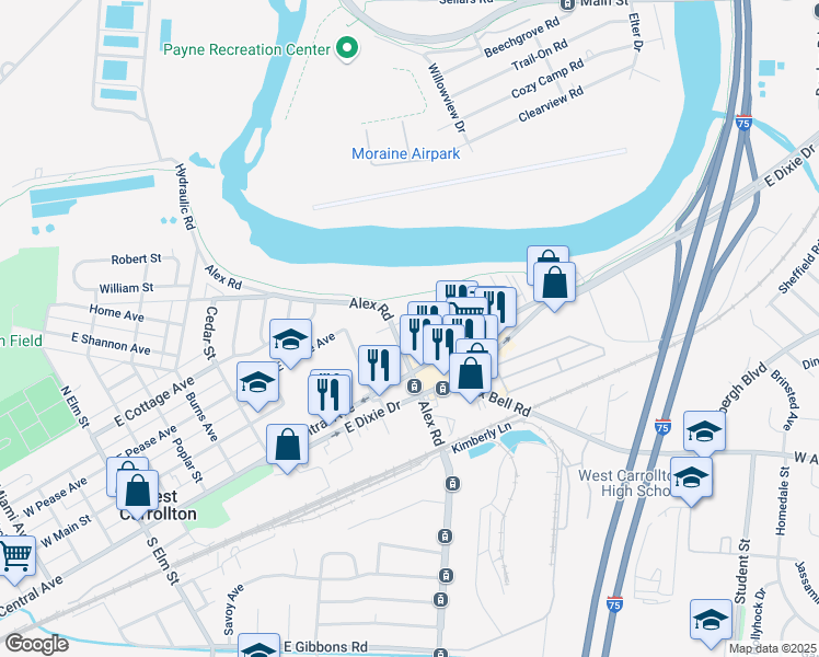 map of restaurants, bars, coffee shops, grocery stores, and more near 210 North Alex Road in Dayton