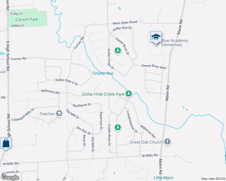 map of restaurants, bars, coffee shops, grocery stores, and more near 5438 Milhouse Road in Indianapolis