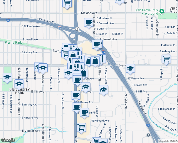 map of restaurants, bars, coffee shops, grocery stores, and more near 2120 South Ash Street in Denver