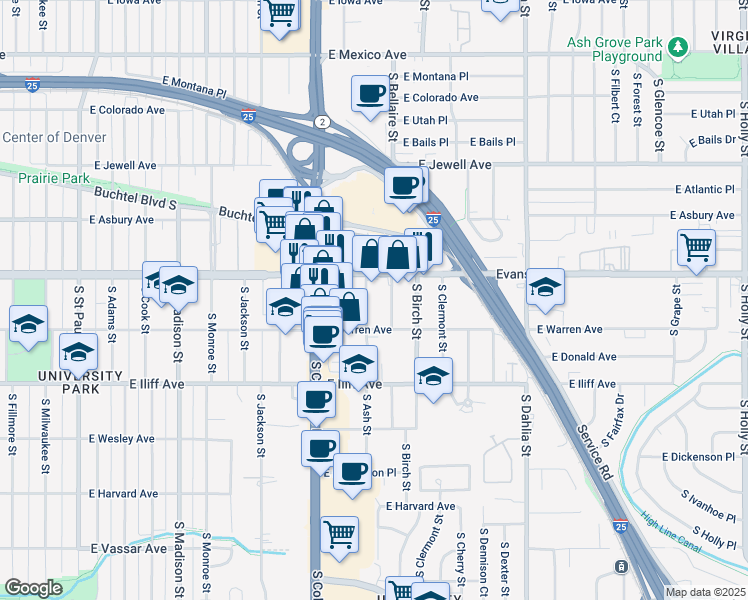 map of restaurants, bars, coffee shops, grocery stores, and more near 2120 South Ash Street in Denver