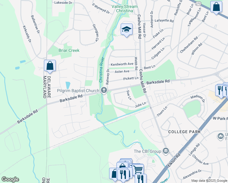 map of restaurants, bars, coffee shops, grocery stores, and more near 1316 Barksdale Road in Newark