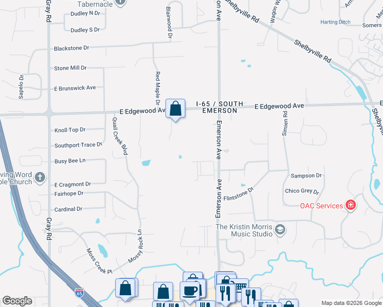 map of restaurants, bars, coffee shops, grocery stores, and more near 6130 Emerson Avenue in Indianapolis