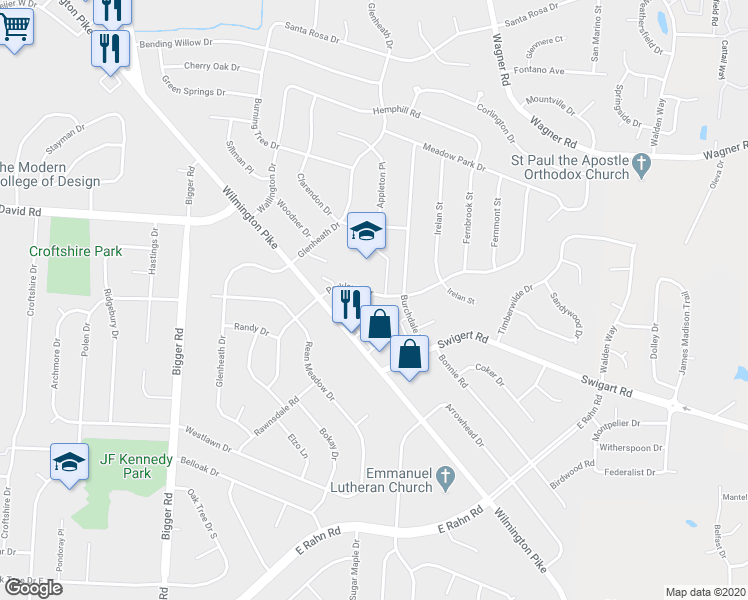 map of restaurants, bars, coffee shops, grocery stores, and more near 2624 Parklawn Drive in Dayton