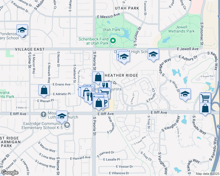 map of restaurants, bars, coffee shops, grocery stores, and more near 12200 East Pacific Circle in Aurora