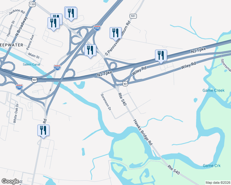 map of restaurants, bars, coffee shops, grocery stores, and more near 604 Hawks Bridge Road in Penns Grove