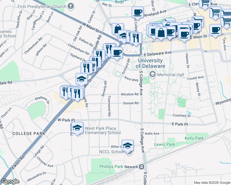map of restaurants, bars, coffee shops, grocery stores, and more near 198 Orchard Road in Newark