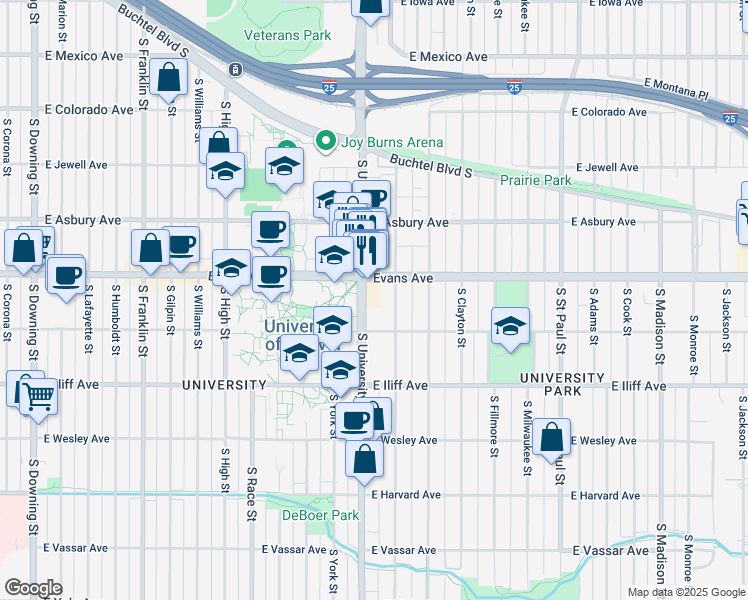 map of restaurants, bars, coffee shops, grocery stores, and more near 2360 East Evans Avenue in Denver