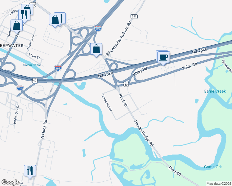 map of restaurants, bars, coffee shops, grocery stores, and more near 604 Hawks Bridge Road in Penns Grove