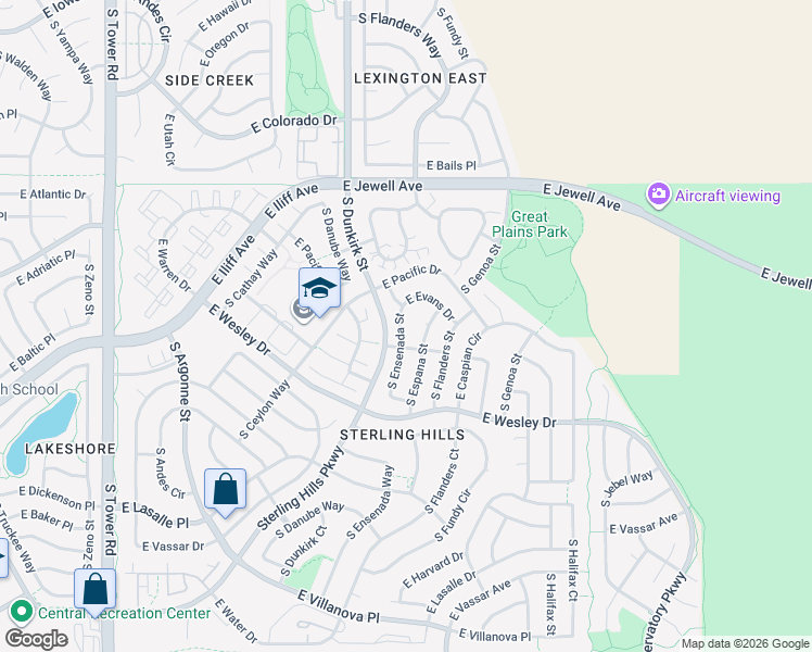 map of restaurants, bars, coffee shops, grocery stores, and more near 2125 South Espana Street in Aurora