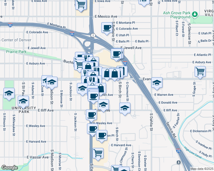 map of restaurants, bars, coffee shops, grocery stores, and more near 2120 South Ash Street in Denver