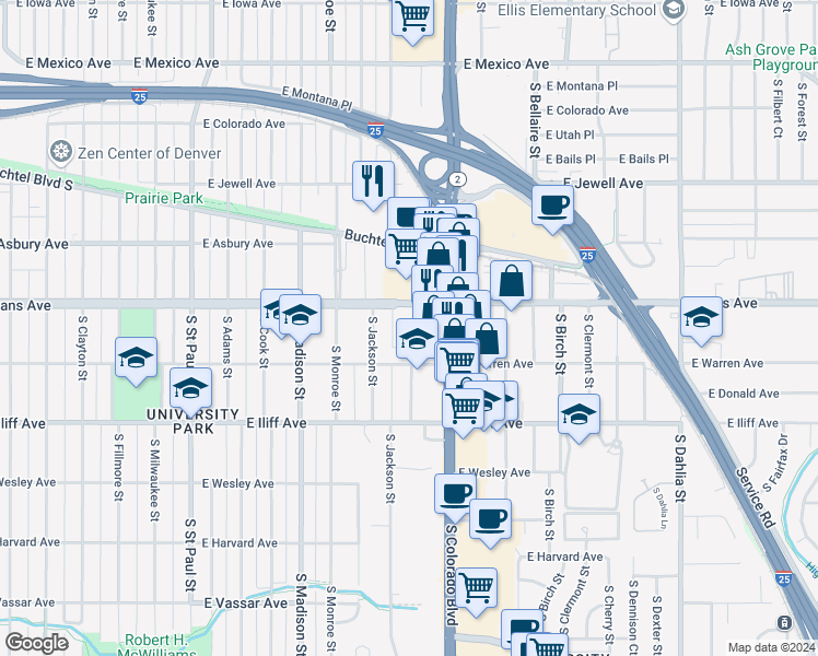 map of restaurants, bars, coffee shops, grocery stores, and more near 3900 East Evans Avenue in Denver