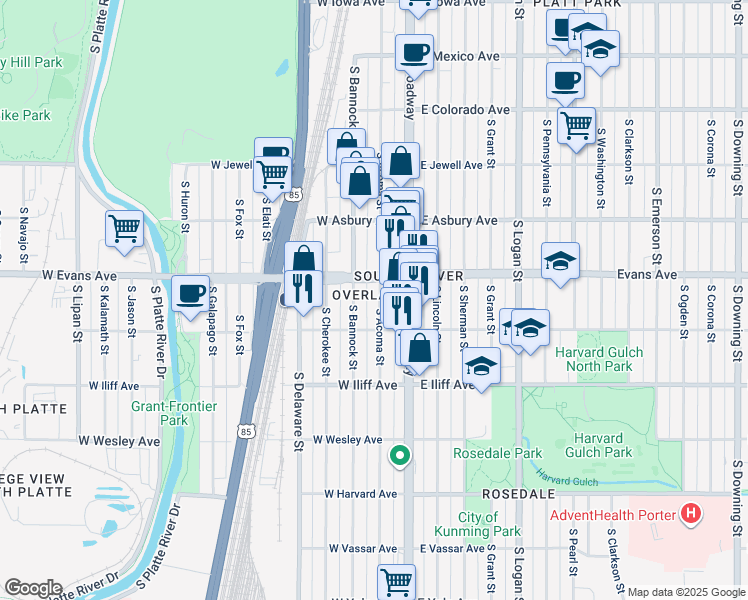 map of restaurants, bars, coffee shops, grocery stores, and more near in Denver