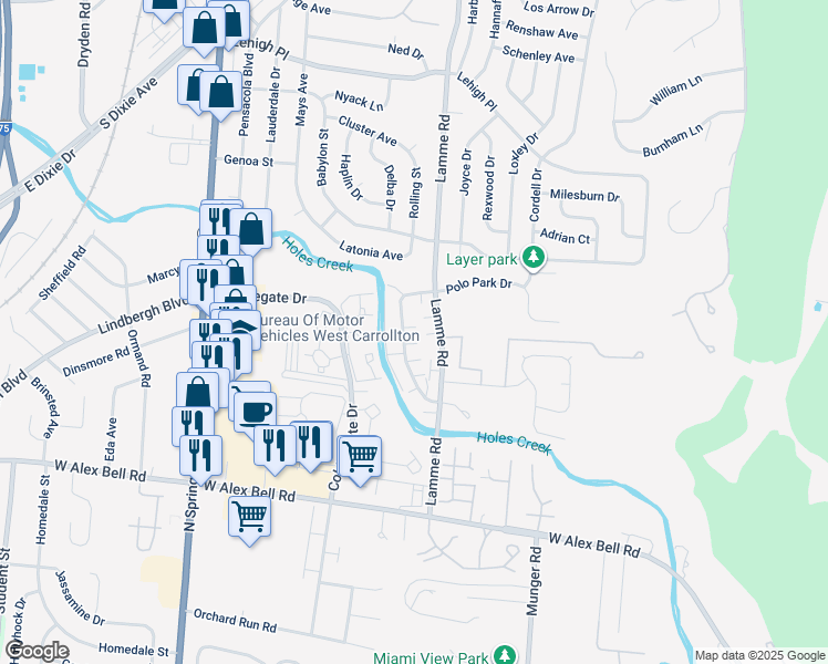 map of restaurants, bars, coffee shops, grocery stores, and more near 5133 Lamme Road in Moraine