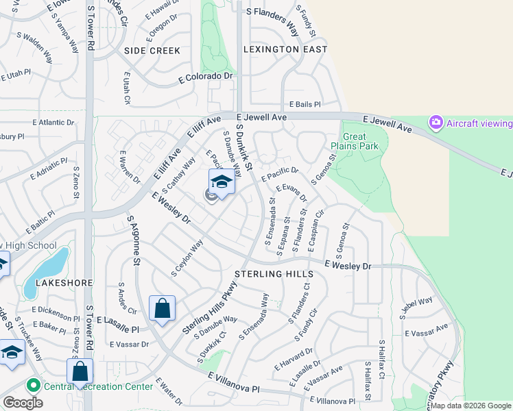 map of restaurants, bars, coffee shops, grocery stores, and more near 2143 South Ensenada Street in Aurora