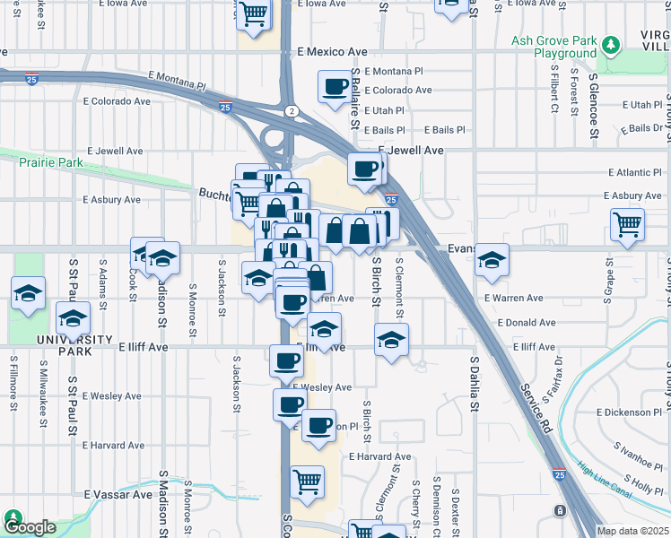 map of restaurants, bars, coffee shops, grocery stores, and more near 2120 South Ash Street in Denver