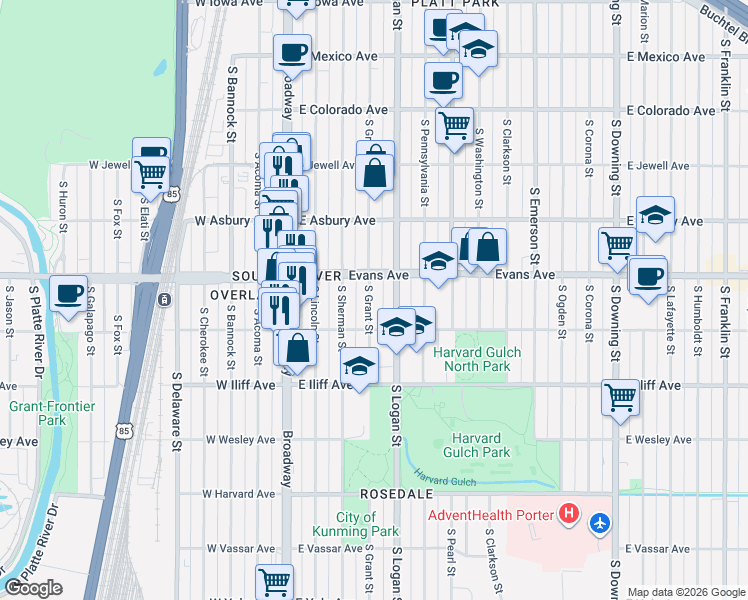 map of restaurants, bars, coffee shops, grocery stores, and more near in Denver