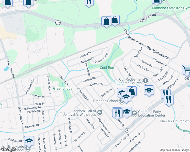 map of restaurants, bars, coffee shops, grocery stores, and more near 606 Shue Drive in Newark