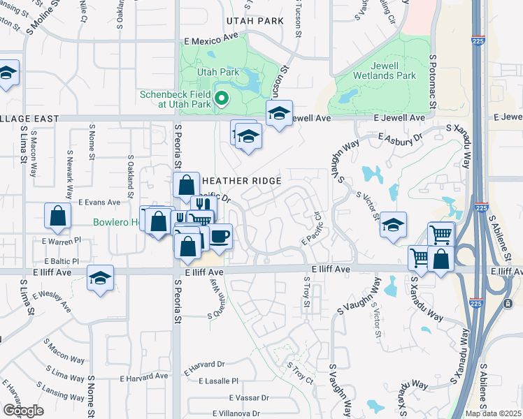 map of restaurants, bars, coffee shops, grocery stores, and more near 12525 East Pacific Circle in Aurora