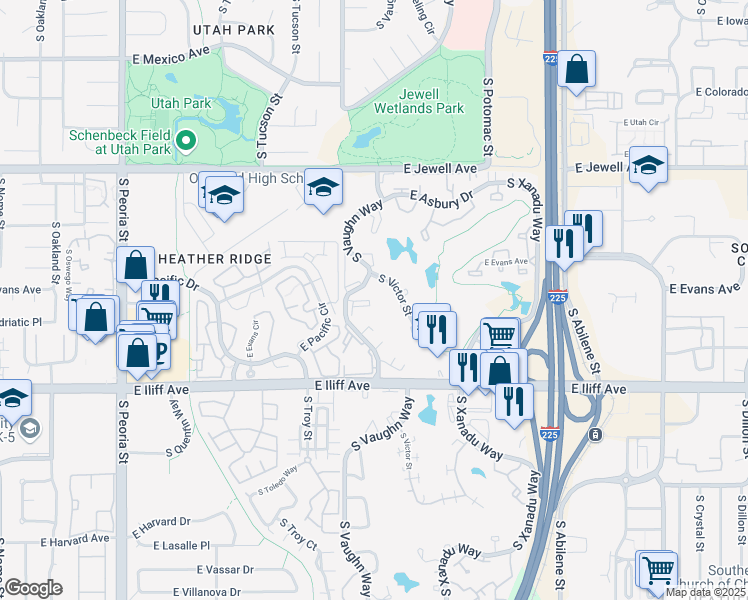 map of restaurants, bars, coffee shops, grocery stores, and more near 2130 South Vaughn Way in Aurora