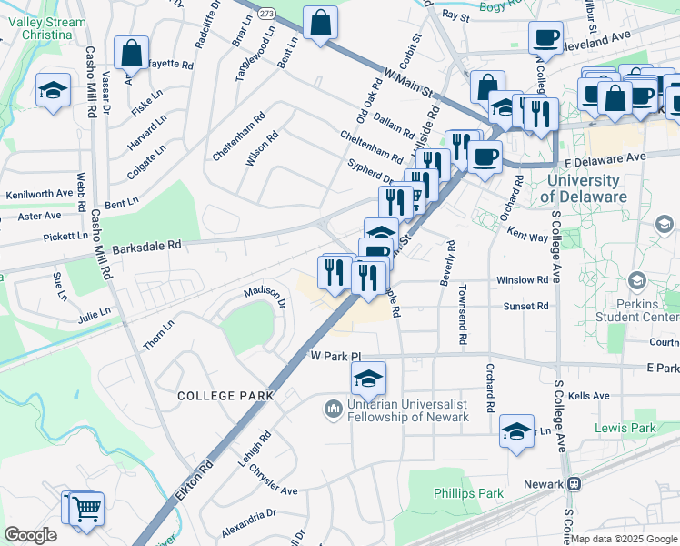 map of restaurants, bars, coffee shops, grocery stores, and more near 220 South Main Street in Newark
