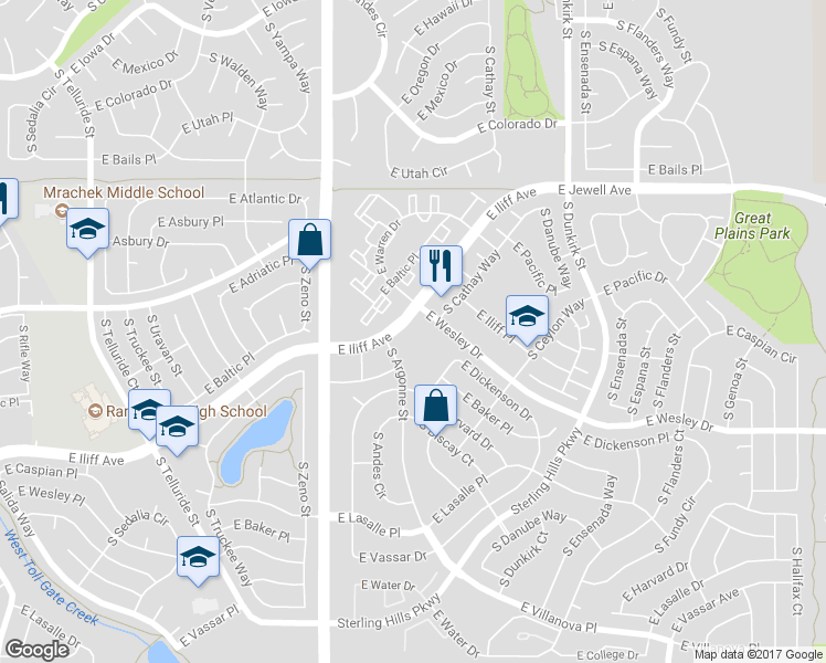map of restaurants, bars, coffee shops, grocery stores, and more near 18800 East Iliff Avenue in Aurora