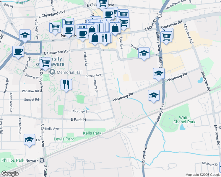 map of restaurants, bars, coffee shops, grocery stores, and more near 170 South Chapel Street in Newark